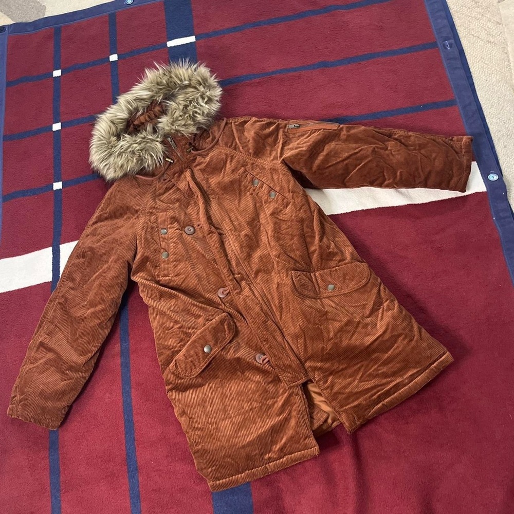 Y2K American Eagle Corduroy Fur Hood Parka Jacket Faux Hood Rust Orange Brown
